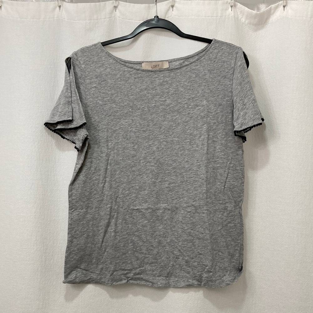 LOFT Gray Pom Pom Trim Split Sleeve Tee